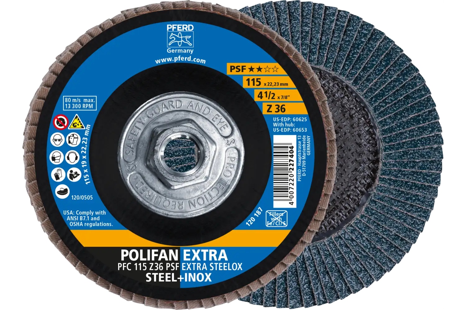 Picture of Pferd Flap Disc, 4-1/2" x 5/8-11, Z PSF Extra Steelox, 36 Grit, T29, Conical, Zirconia